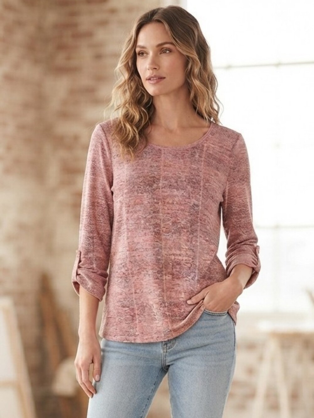 Bobeau Pink Purple Textured Knit Button Sleeve Top EUC Medium